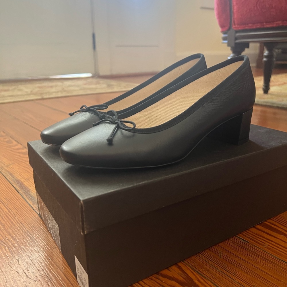 J. Crew Black Leather Low Block Heel Ballet Pumps